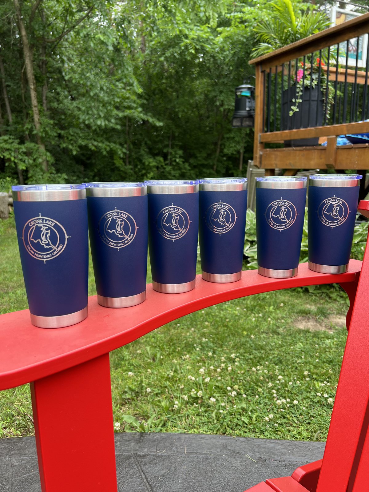 Blue tumblers engraved with Cronk Lake South Frontenac Ontario artwork