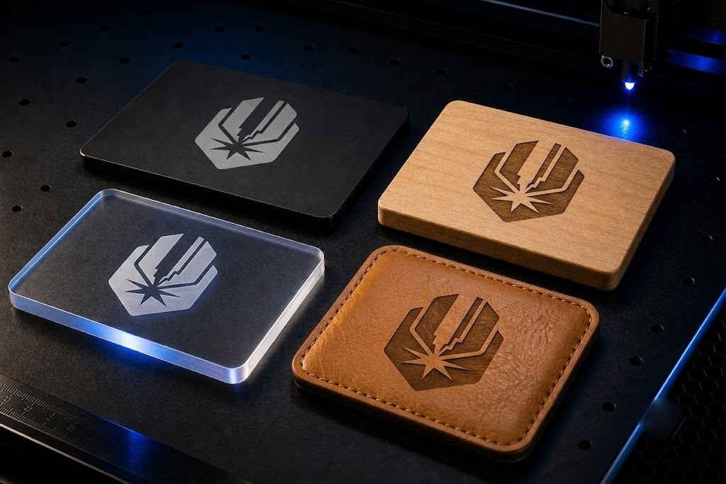 Laser marked material samples including surface-marked metal, wood, acrylic, and leather